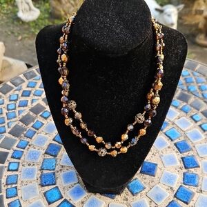 Brown Glass Gold Beaded Double Strand Necklace